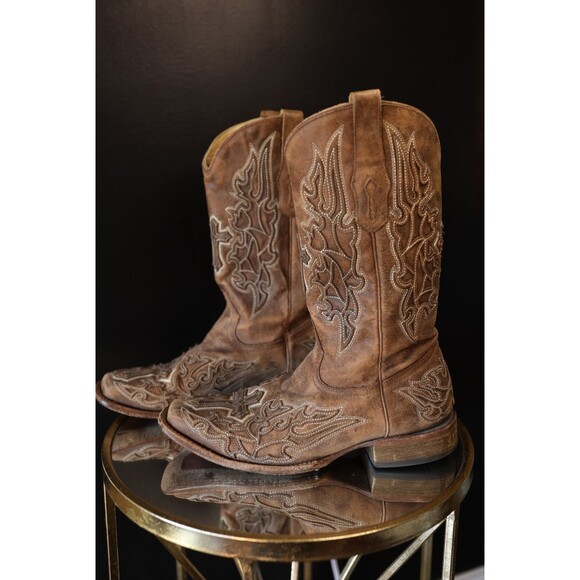 Vintage Corral Mens Brooks Cowboy Western Boots Embroidered Cross Leather 10D - Picture 1 of 13
